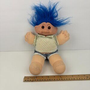 Vintage Troll Blue Hair Hard Head Plush‎ Body Toy w Clothes Damaged Face READ